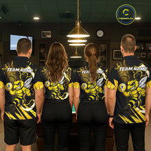 Load image into Gallery viewer, Back view of pool players wearing matching yellow black funny bee 8 ball and 9 ball billiard team shirts and custom pool jerseys.