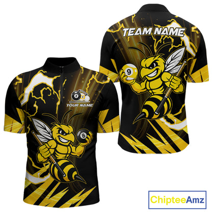 Yellow black funny bee 8 ball and 9 ball quarter zip billiard shirt for men, custom pool team jersey and tournament apparel.