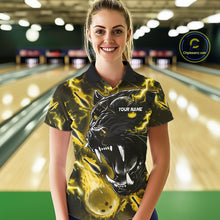 Load image into Gallery viewer, Woman wearing a yellow flame panther bowling polo shirt front view, custom bowling league jersey for women.