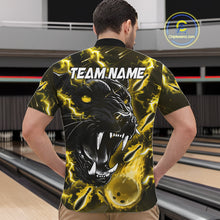 Load image into Gallery viewer, Back view of man wearing a yellow flame panther quarter zip bowling shirt, bowling league team uniform.