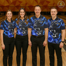 Load image into Gallery viewer, Back view of bowling team wearing matching blue flame panther bowling league jerseys.
