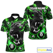 Load image into Gallery viewer, Green flaming panther 8 ball pool team polo shirt with custom billiard graphics, personalized billiard team jersey.