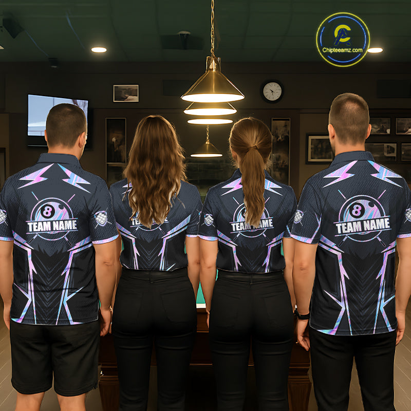 Pool Team Wearing Holographic 8 Ball Pool Custom Billiard Team Jerseys Featuring the Complete Back Artwork, Back View