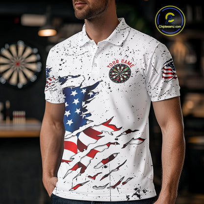 Personalized White Grunge American Flag Darts Jersey For Men Custom Patriotic Darts Team Shirts TDM5076