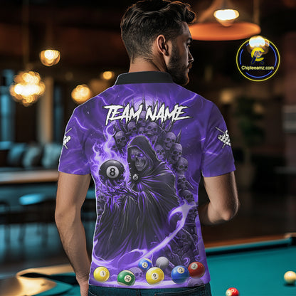 Purple Grim Reaper Lightning Billiard Shirt For Men Custom 8 Ball Pool Jersey Team Polo & 1/4 Zip TDM5293