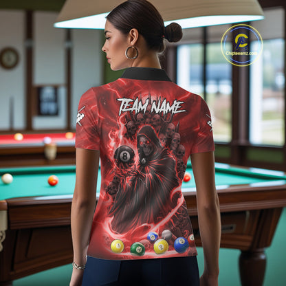 Red Grim Reaper Lightning Billiard Shirt For Women Custom 8 Ball Pool Jersey Team Polo & 1/4 Zip TDM5294