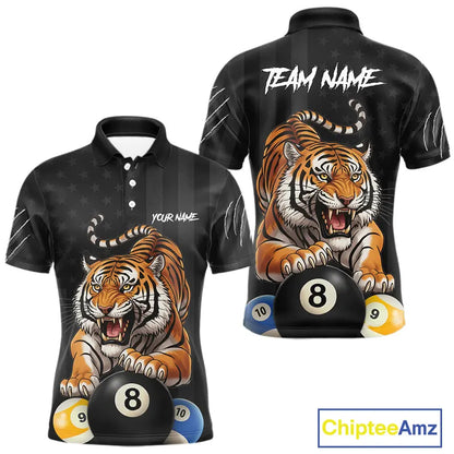 Funny Tiger 8 Ball, 9 Ball & 10 Ball US Flag Billiard Shirt For Men Custom Pool Team Jersey TDM5541