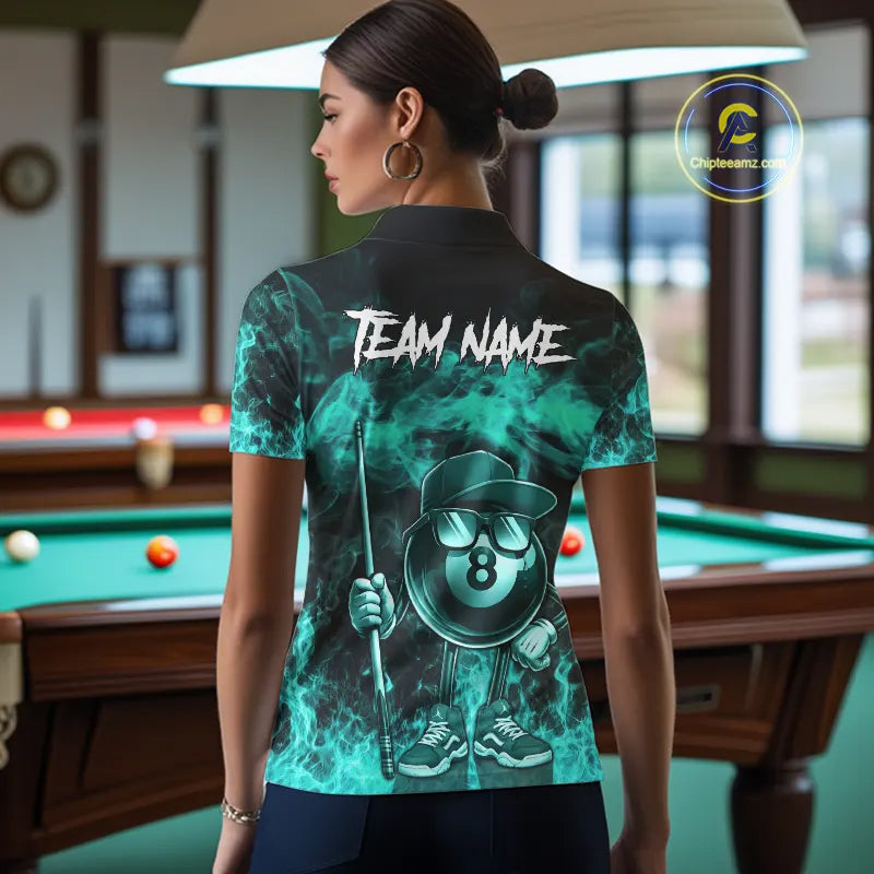 Turquoise Funny 8 Ball Pool Flame Smoke Billiard Shirt For Women Custom Billiard Team Jersey  TDM5547