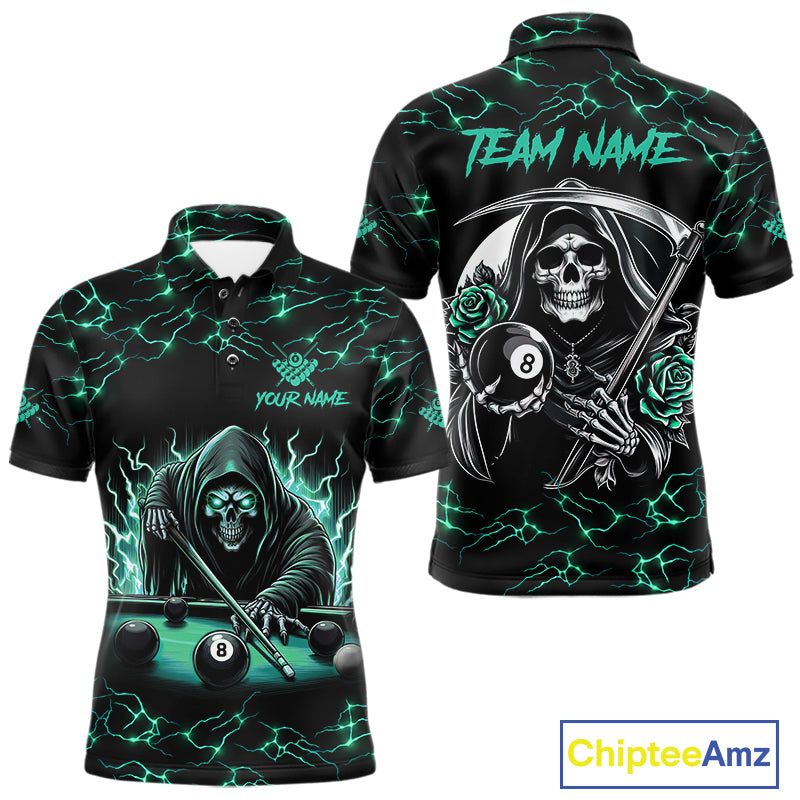 Turquoise Funny Grim Reaper Roses 8 Ball Pool Men Billiard Shirts Custom Thunder Billiard Jersey TDM3630