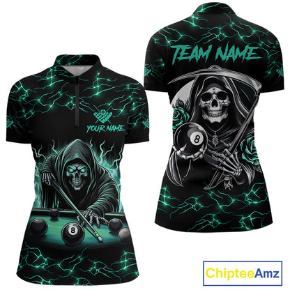 Turquoise Funny Grim Reaper Roses 8 Ball Pool Women Billiard Shirts Custom Thunder Billiard Jersey TDM3630