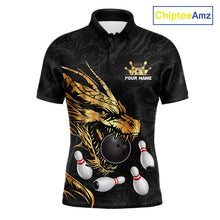 Load image into Gallery viewer, Black And Gold Custom Dragon Bowling Shirt For Men, Bowling Team Jersey Polo &amp; Quarter Zip TDM6165