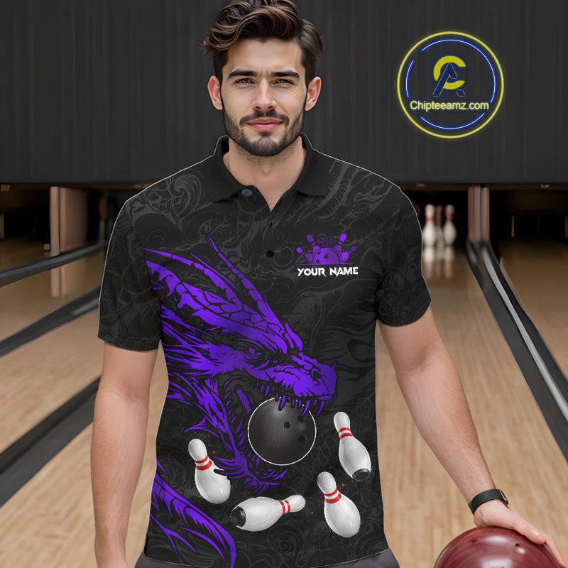 Black And Purple Custom Dragon Bowling Shirt For Men, Bowling Team Jersey Polo & Quarter Zip TDM6167
