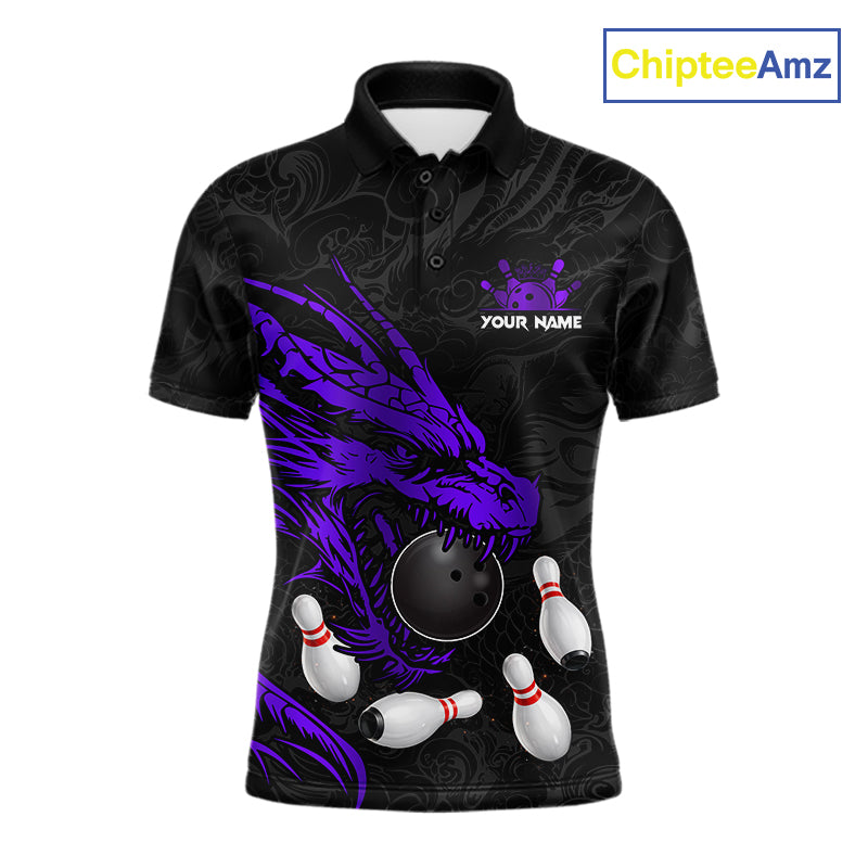 Black And Purple Custom Dragon Bowling Shirt For Men, Bowling Team Jersey Polo & Quarter Zip TDM6167