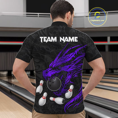 Black And Purple Custom Dragon Bowling Shirt For Men, Bowling Team Jersey Polo & Quarter Zip TDM6167