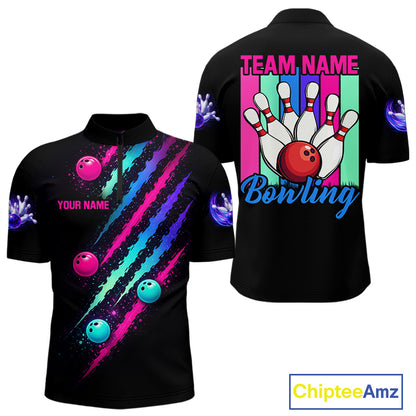 Custom Neon Bowling Shirt For Men, Funny Strike Bowling Team Jersey Polo & Quarter Zip Shirts TDM6169