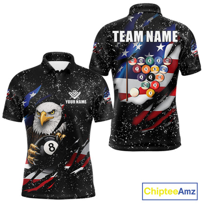 Black Grunge US Flag Eagle Billiard Shirt For Men Custom 8 Ball Pool Team Jersey Polo & 1/4 Zip TDM6404