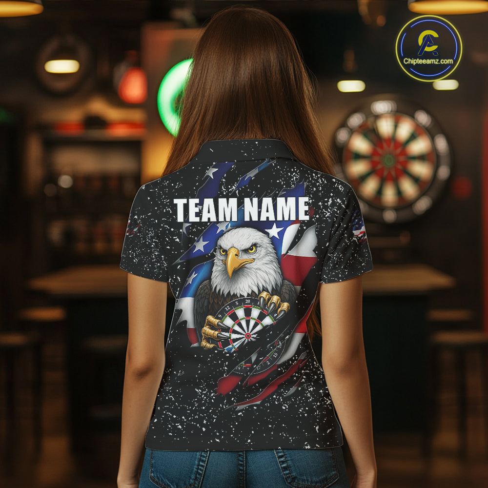 Custom Eagle Darts Jersey For Women, Black Grunge American Flag Patriotic Darts Shirt Polo & 1/4 Zip TDM6405