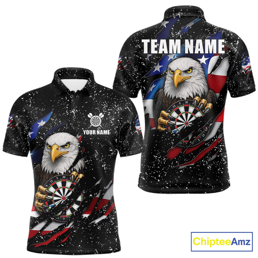 Custom Eagle Darts Jersey For Men, Black Grunge American Flag Patriotic Darts Shirt Polo & 1/4 Zip TDM6405