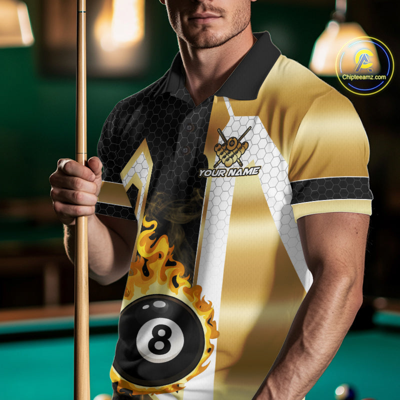 Man wearing a gold flame 8 ball custom billiard jersey front view, personalized pool team shirt.