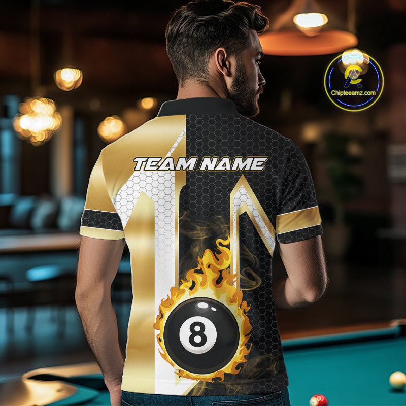Back view of man wearing a gold flame 8 ball billiard team jersey, custom pool tournament shirt.