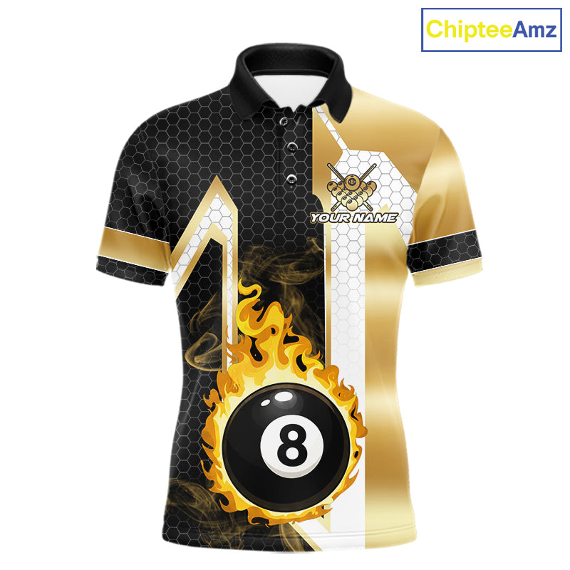 Gold flame 8 ball custom billiard polo shirt for men, personalized pool team jersey for tournaments.