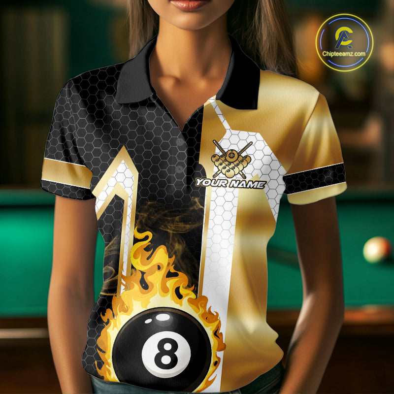 Woman wearing a gold flame 8 ball custom billiard jersey front view, personalized pool team shirt.