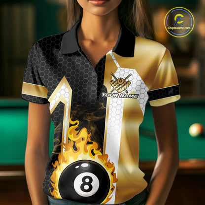 Woman wearing a gold flame 8 ball custom billiard jersey front view, personalized pool team shirt.