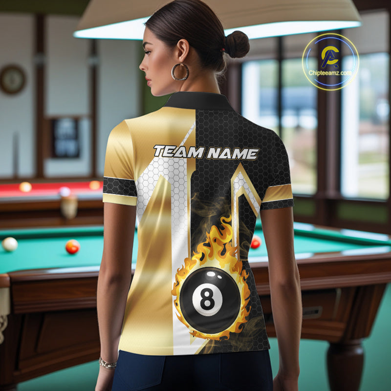 Back view of woman wearing a gold flame 8 ball billiard team jersey, custom pool tournament shirt.
