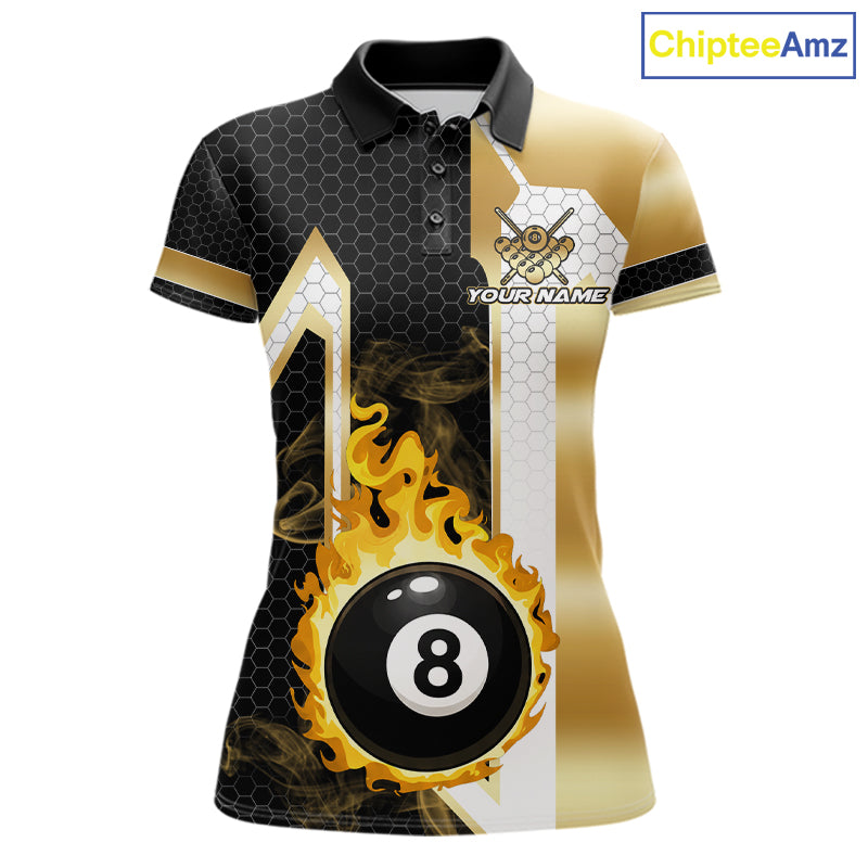 Gold flame 8 ball custom billiard polo shirt for women, personalized pool team jersey for tournaments.