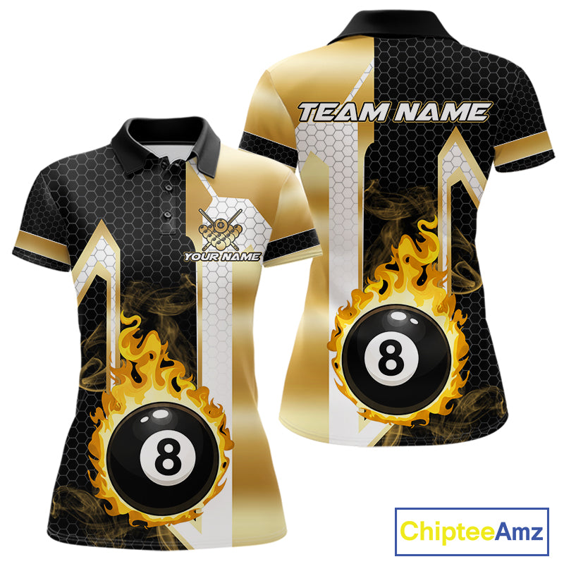 Gold flame 8 ball pool team polo shirt with custom billiard graphics, personalized billiard team jersey.