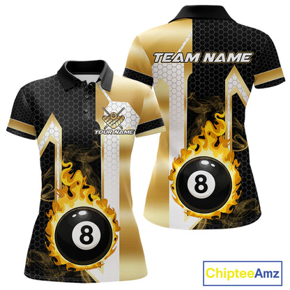 Gold flame 8 ball pool team polo shirt with custom billiard graphics, personalized billiard team jersey.