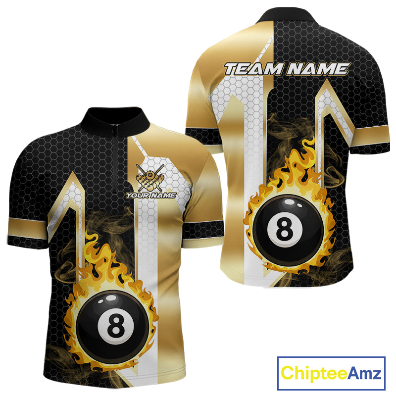 Gold flame 8 ball quarter zip billiard shirt for men, custom pool team jersey and tournament apparel.