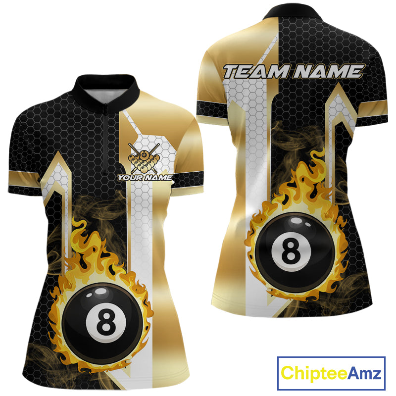 Gold flame 8 ball quarter zip billiard shirt for women, custom pool team jersey and tournament apparel.