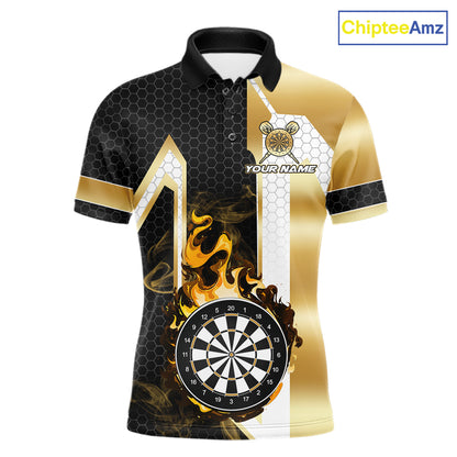 Black and gold dartboard flame custom darts polo shirt for men, personalized darts team jersey for league tournaments.