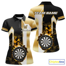 Load image into Gallery viewer, Black and gold dartboard flame darts team polo shirt for women with custom tournament graphics.