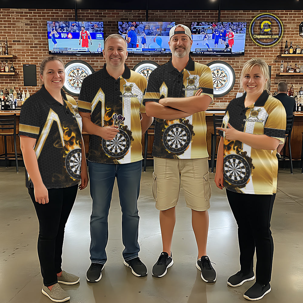 Darts team wearing matching black and gold dartboard flame custom darts jerseys front view.