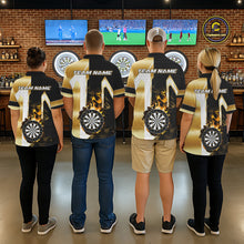Load image into Gallery viewer, Back view of darts team wearing matching black and gold dartboard flame darts shirts.