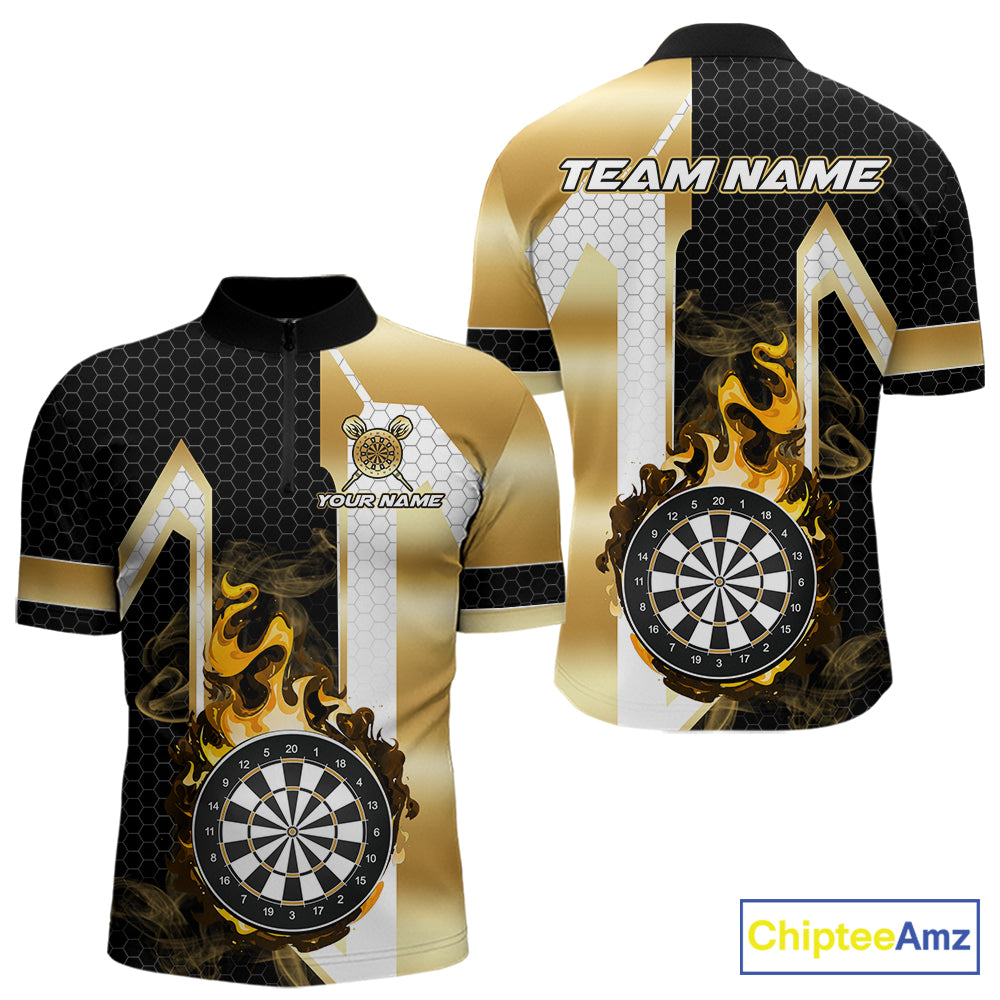 Black and gold dartboard flame quarter zip darts shirt for men, custom darts team jersey and league apparel.