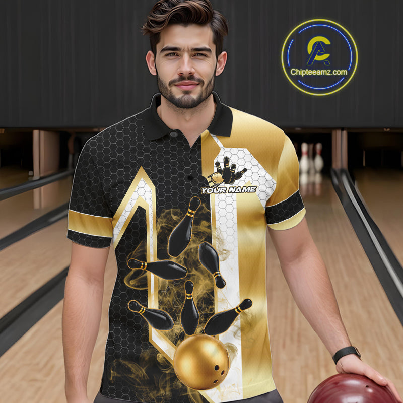 Man wearing a black and gold smoke bowling pin bowling polo shirt front view, custom bowling league jersey for men.