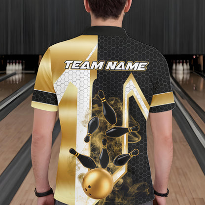 Back view of man wearing a black and gold smoke bowling pin bowling polo shirt, custom bowling team jersey design.