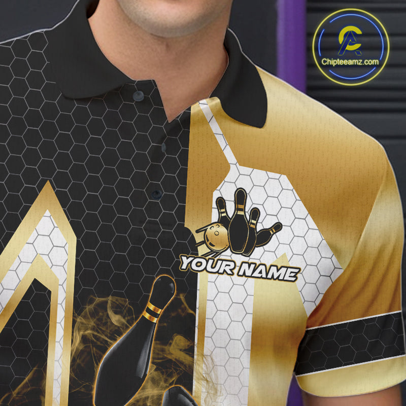 Close up of collar, chest and button details on a black and gold smoke bowling pin men's bowling polo shirt.