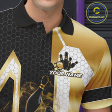 Load image into Gallery viewer, Close up of collar, chest and button details on a black and gold smoke bowling pin men's bowling polo shirt.