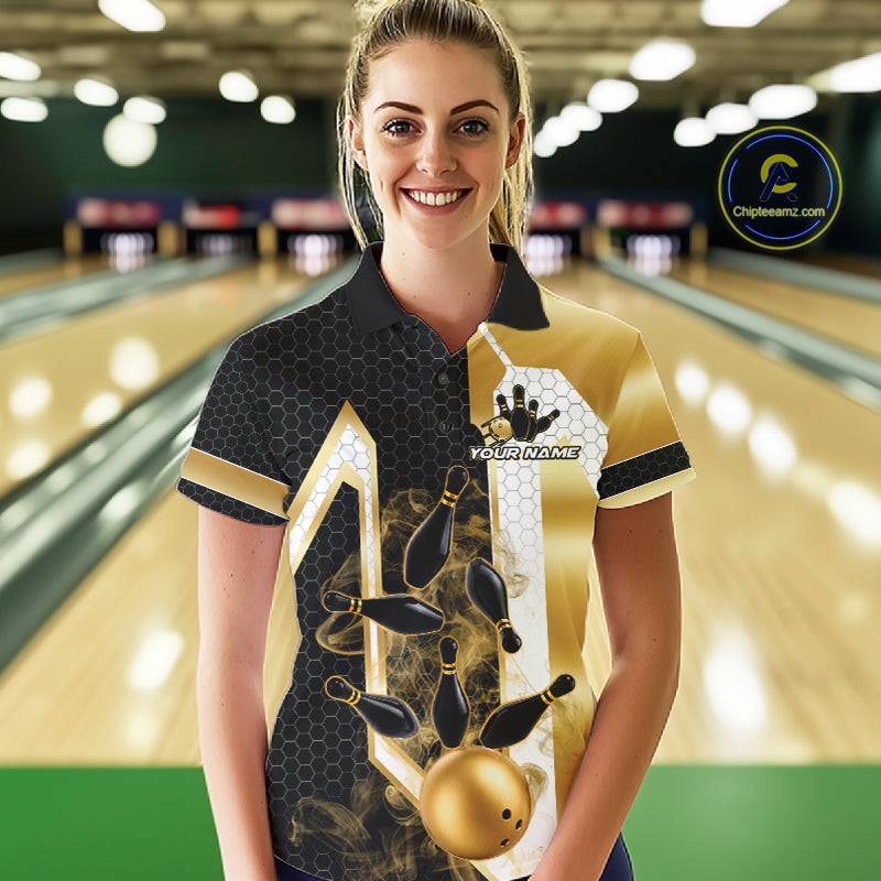 Woman wearing a black and gold smoke bowling pin bowling polo shirt front view, custom bowling league jersey for women.