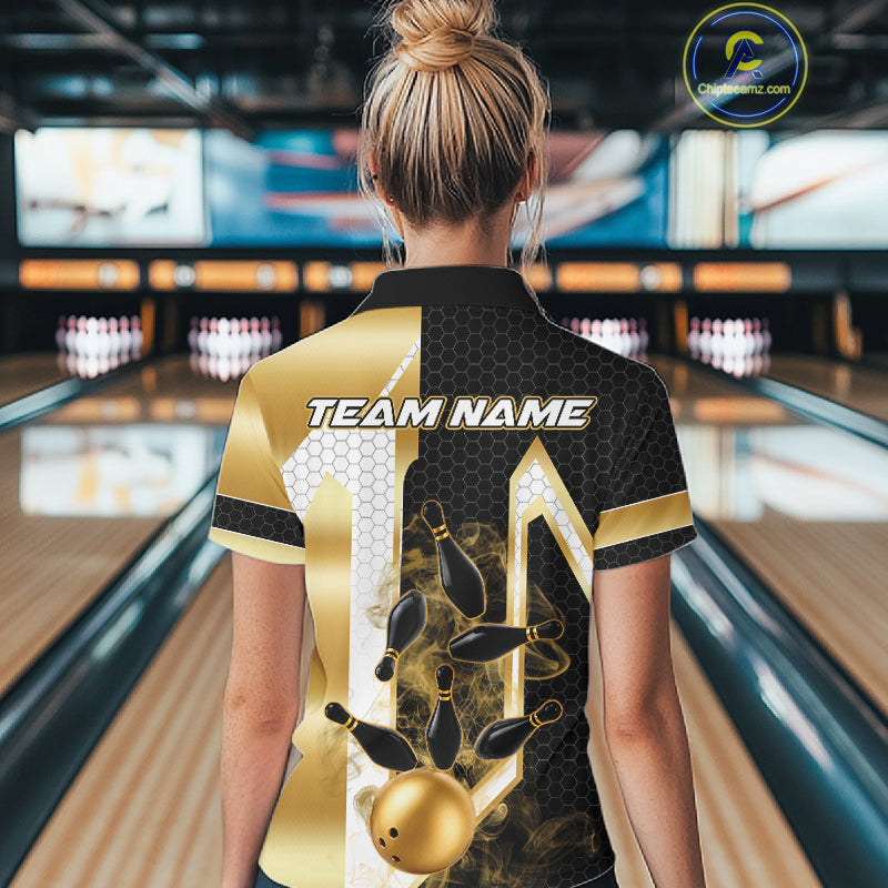 Back view of woman wearing a black and gold smoke bowling pin bowling polo shirt, custom bowling team jersey design.