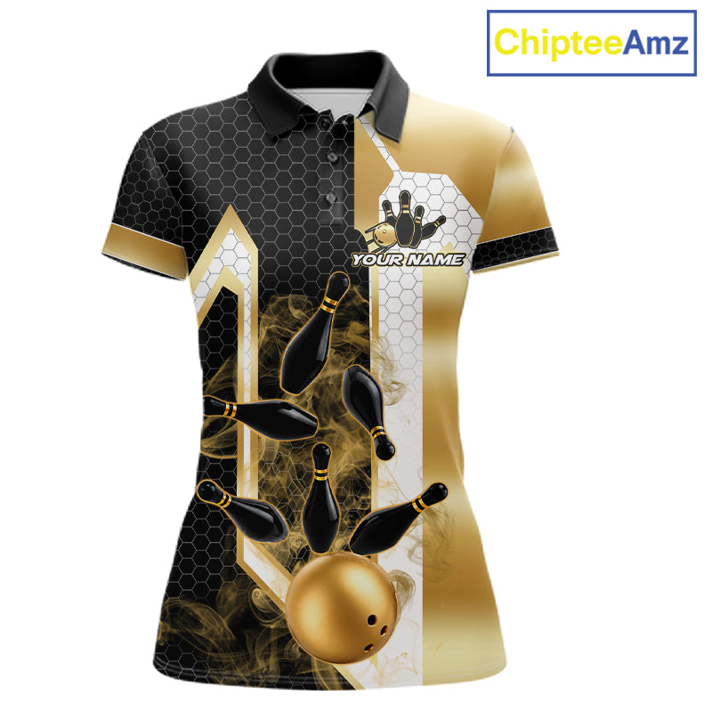 Black and gold smoke bowling pin custom bowling polo shirt for women, personalized bowling team jersey for league tournaments.