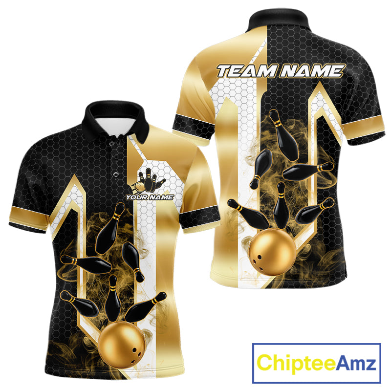 Black and gold smoke bowling pin bowling team polo shirt for men with custom league and tournament graphics.