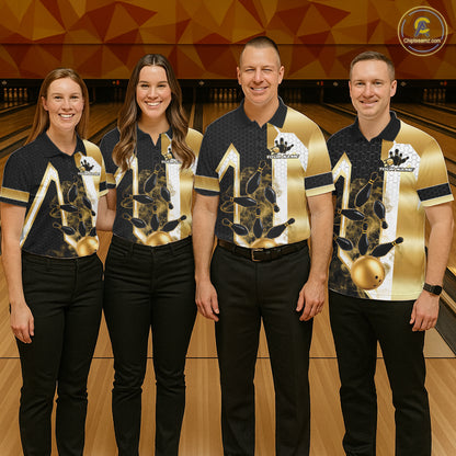 Bowling team wearing matching black and gold smoke bowling pin custom bowling jerseys front view.
