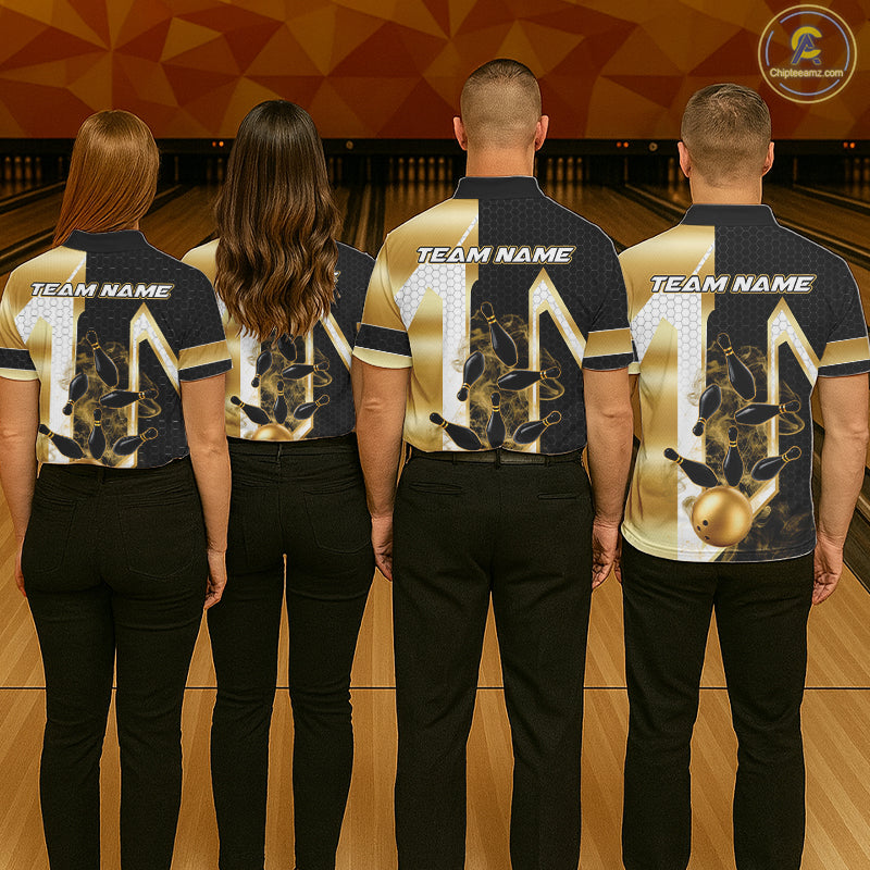 Back view of bowling team wearing matching black and gold bowling league jerseys.