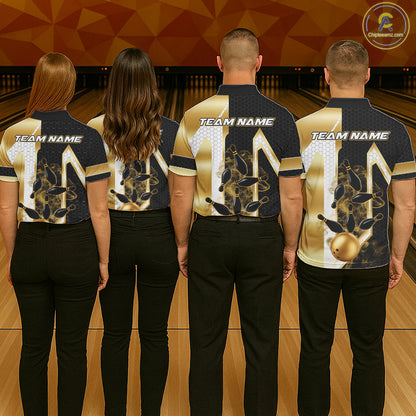 Back view of bowling team wearing matching black and gold bowling league jerseys.