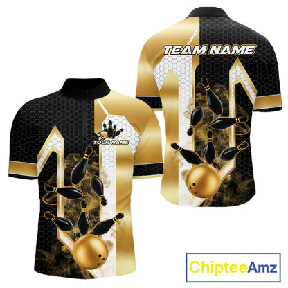 Black and gold smoke bowling pin quarter zip bowling shirt for men, custom bowling team jersey and tournament apparel.